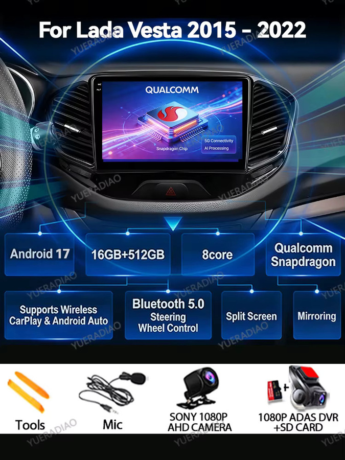 Android 17 Autoradio für LADA Vesta Cross Sport 2015 - 2022 mit QLED Display, Qualcomm Prozessor, GPS, 4G LTE, 5G, WIFI, Bluetooth und Carplay in Schwarz - Bild 6