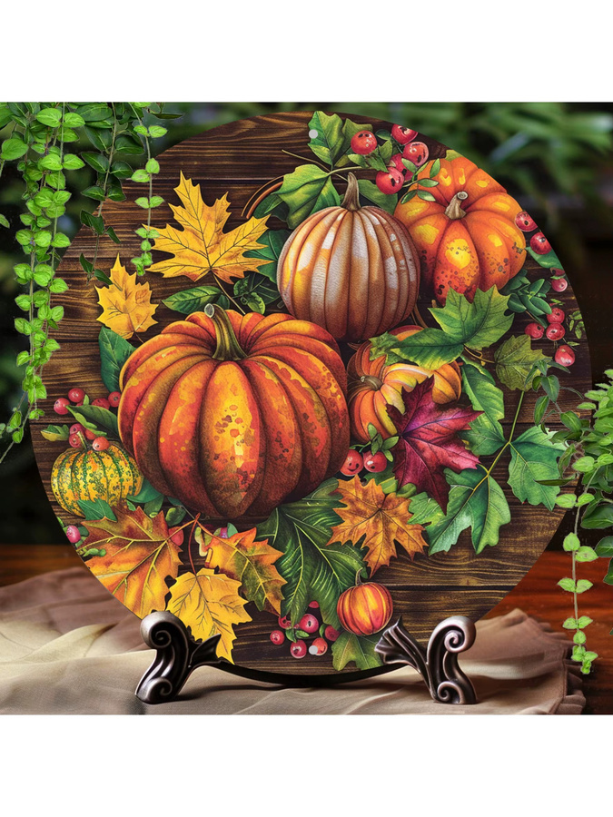 Rundes Aluminiumschild Potdemiel im Vintage-Stil mit Fall Harvest Pumpkins Motiv, Mehrfarbig, Durchmesser: 20,3 cm - Bild 4
