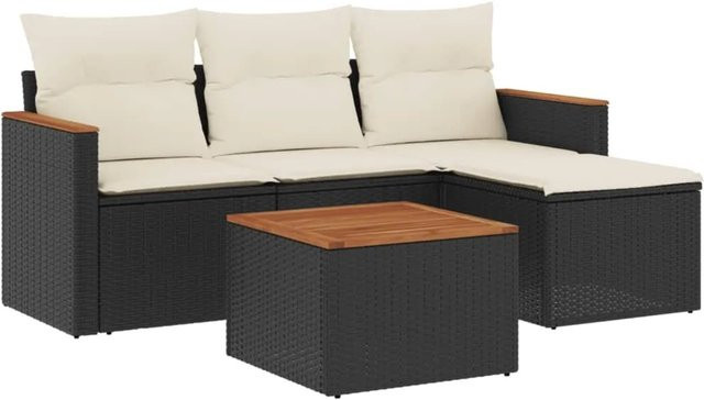 vidaXL 5-teilige Garten-Sofagarnitur mit Kissen aus Poly-Rattan und Akazienholz in Schwarz - Bild 1