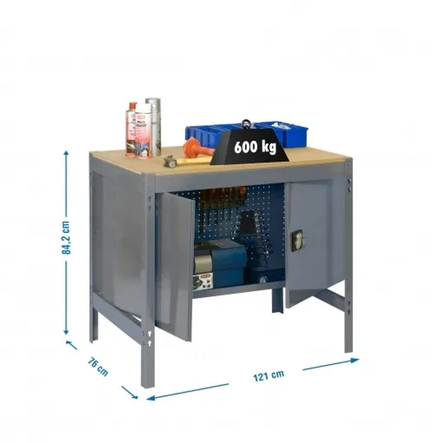 PROREGAL Werkbank Buffalo mit Schrank in Grau mit einer Traglast von 600 kg, H x B x T: 84,2 x 120 x 76 cm - Bild 2