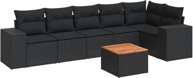 vidaXL 7-tlg Garten-Sofagarnitur in L-Form aus Polyrattan mit Kissen, Schwarz - Bild 1