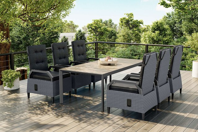 OUTFLEXX Darwin Garten-Essgruppe aus Alu und Polyrattan mit 6 Dining Sesseln in Anthrazit und Grau, Tisch B: 200 cm, T: 100 cm - Bild 1