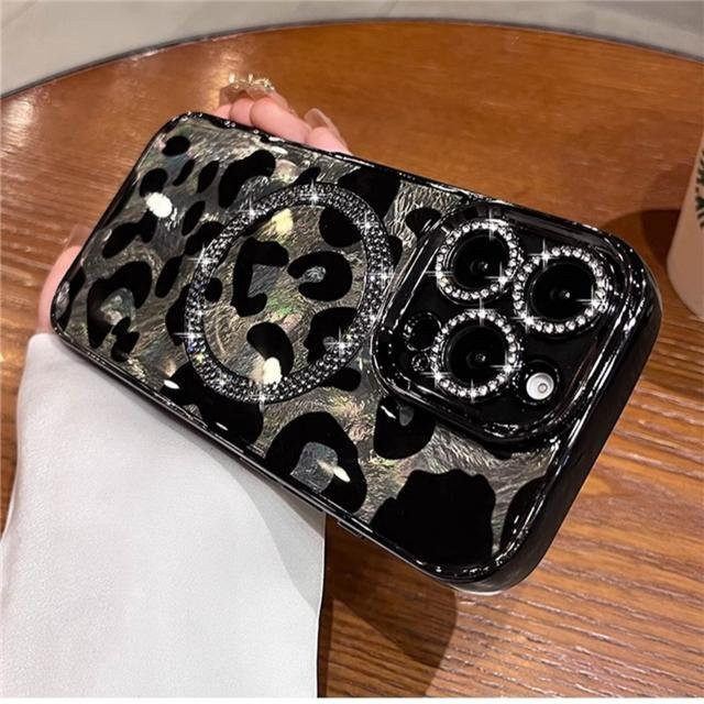 Yiran Luxus Handyhülle mit Leopardenmuster und Diamant-Optik für iPhone 16 Pro Max, 15, 14, 13 Plus, MagSafe Magnetisch mit Objektivabdeckung, Schwarz - Bild 1