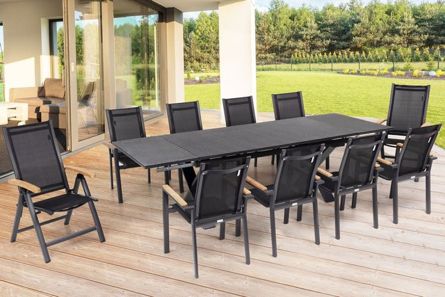 OUTFLEXX Garten-Essgruppe in Anthrazit Matt aus Aluminium, Spraystone, Teakholz und Sicherheitsglas mit ausziehbarem Tisch und 10 Sitzgelegenheiten (8 Stapelsessel und 2 Klappstühle) - Bild 1
