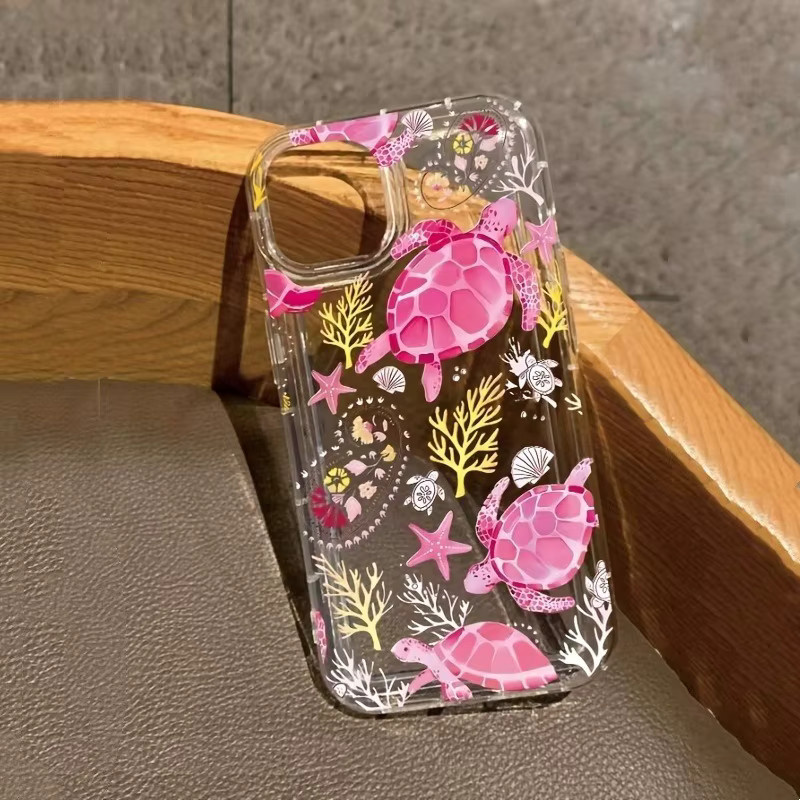 Transparente Apple iPhone Handyhülle aus TPU mit rosa Seestern- und Meeresschildkrötenmuster - Bild 2