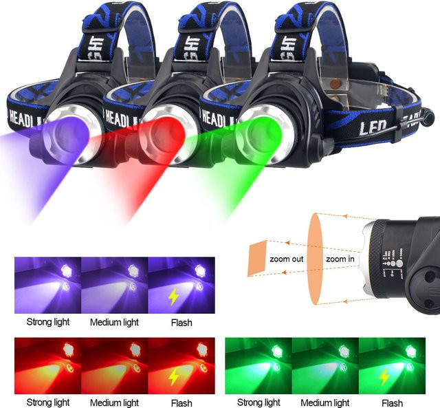 VASTFIRE Taktische LED Taschenlampe mit Zoom und 3 Geschwindigkeiten in Schwarz, Rot, Grün und UV395nm Violett - Bild 1