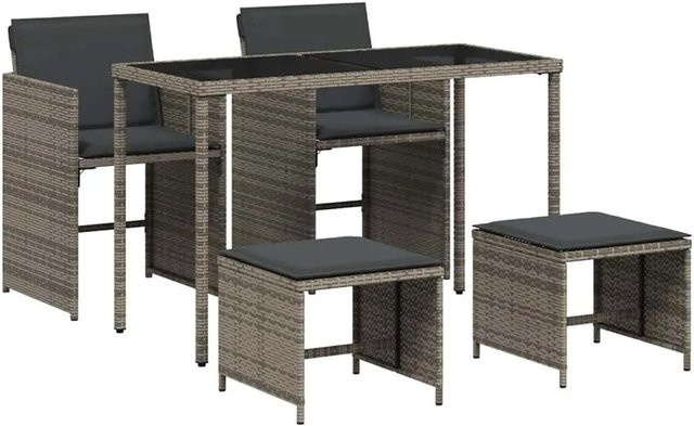 vidaXL 5-teilige Garten-Essgruppe aus Polyrattan mit Kissen in Grau und Glastisch - Bild 1