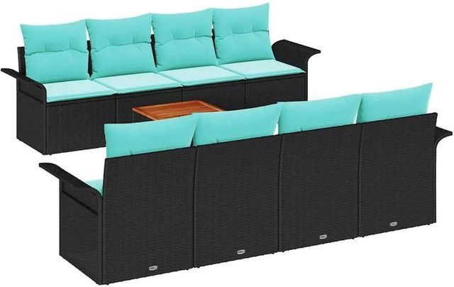vidaXL Gartensofa-Set aus Poly-Rattan mit 9 Teilen in Schwarz und Türkis inklusive Polster und Gartentisch - Bild 1