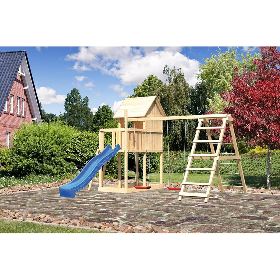 Karibu Spielturm Frieda in Braun mit Anbau, Klettergerüst und Rutsche - Bild 2