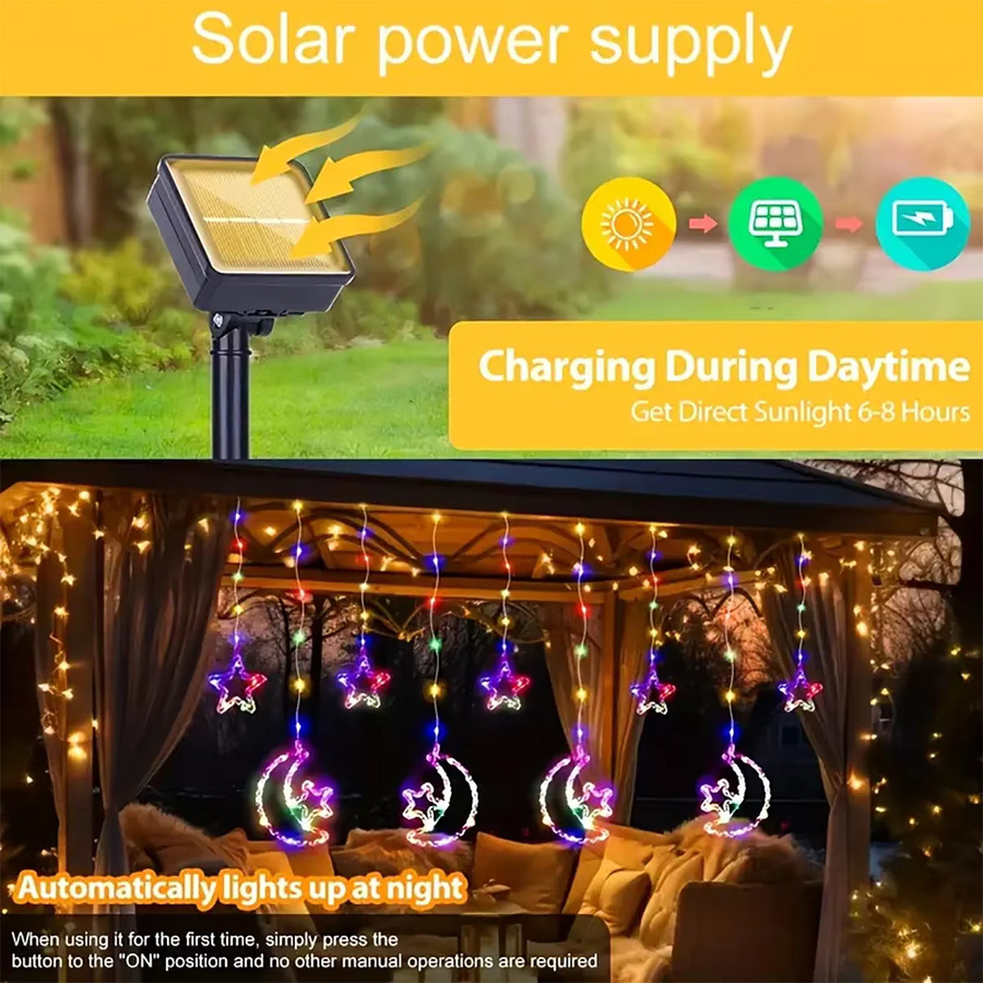 WELPUR Solar Sterne und Mond Vorhang Lichterkette zur Dekoration für Garten, Terrasse und Outdoor-Partys - Bild 2