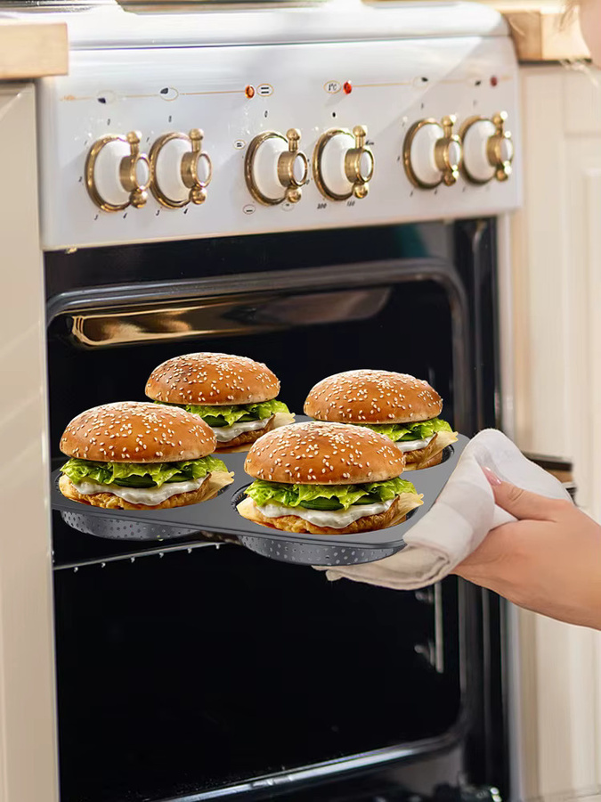 Willstar Hamburgerbrötchen-Backform aus Kohlenstoffstahl, 4 Hohlräume, perforiert, Antihaftbeschichtung, Schwarz, Durchmesser: 12 cm - Bild 7