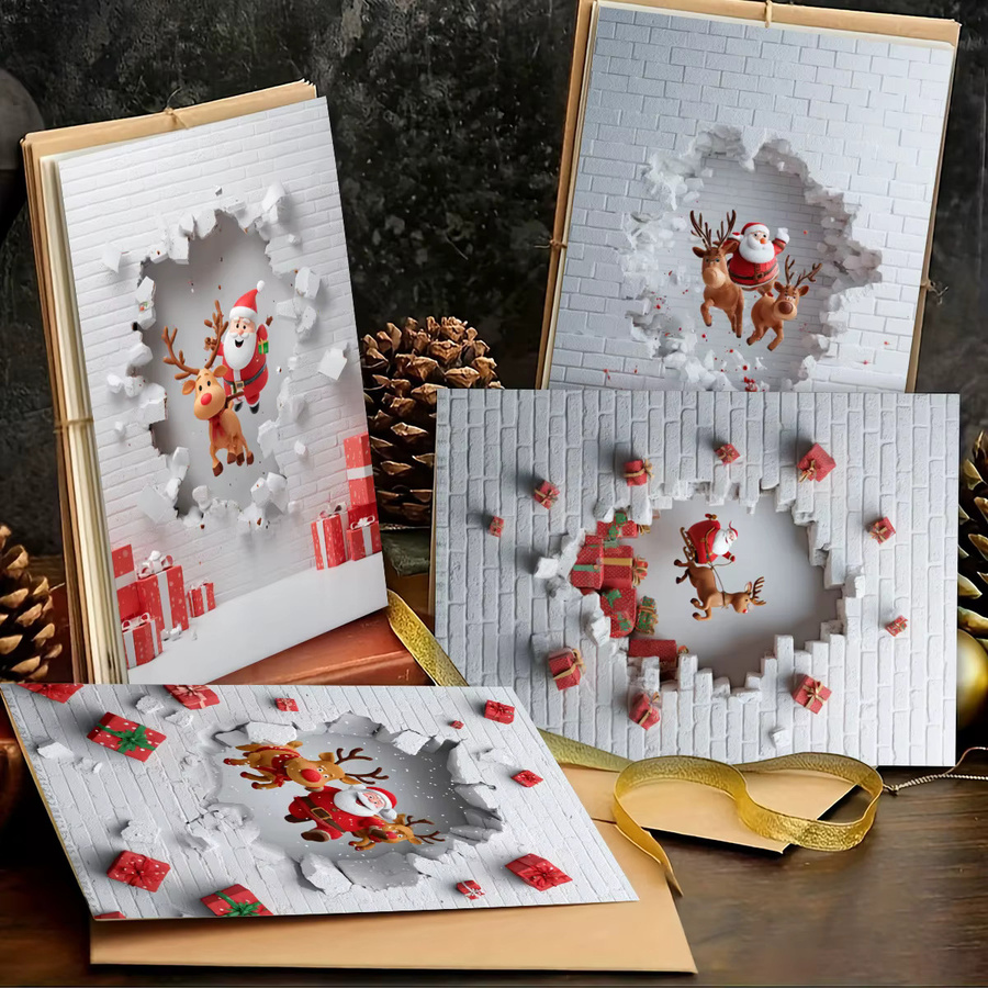 Set aus Weihnachtskarten mit Umschlägen, Pop-Up Grußkarten mit Weihnachtsmann und Rentier, glitzernd, B: 9 cm, H: 13 cm - Bild 2