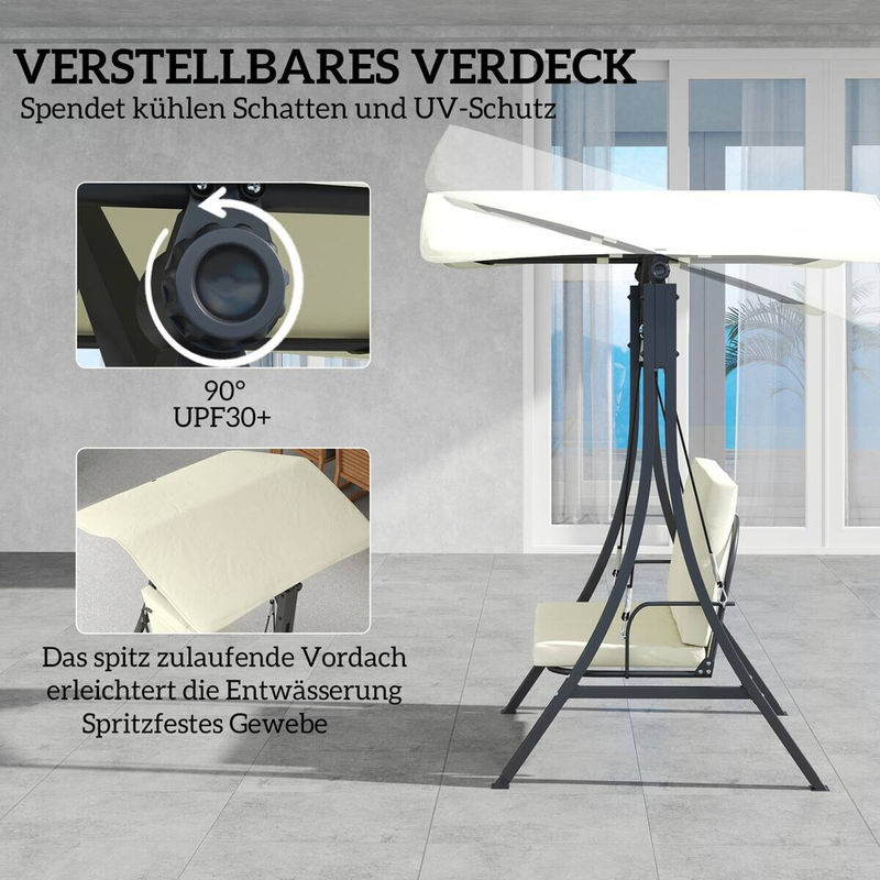 Outsunny Hollywoodschaukel 2-Sitzer mit verstellbarem Sonnendach und Textilene-Sitzauflage, cremeweiß, B/T/H: 150 x 120 x 182 cm - Bild 5