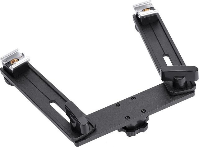 DIYelecs Halterungsständer aus Aluminiumlegierung mit doppeltem Blitzschuh für Kamera-Blitzgeräte Speedlite in Schwarz - Bild 1
