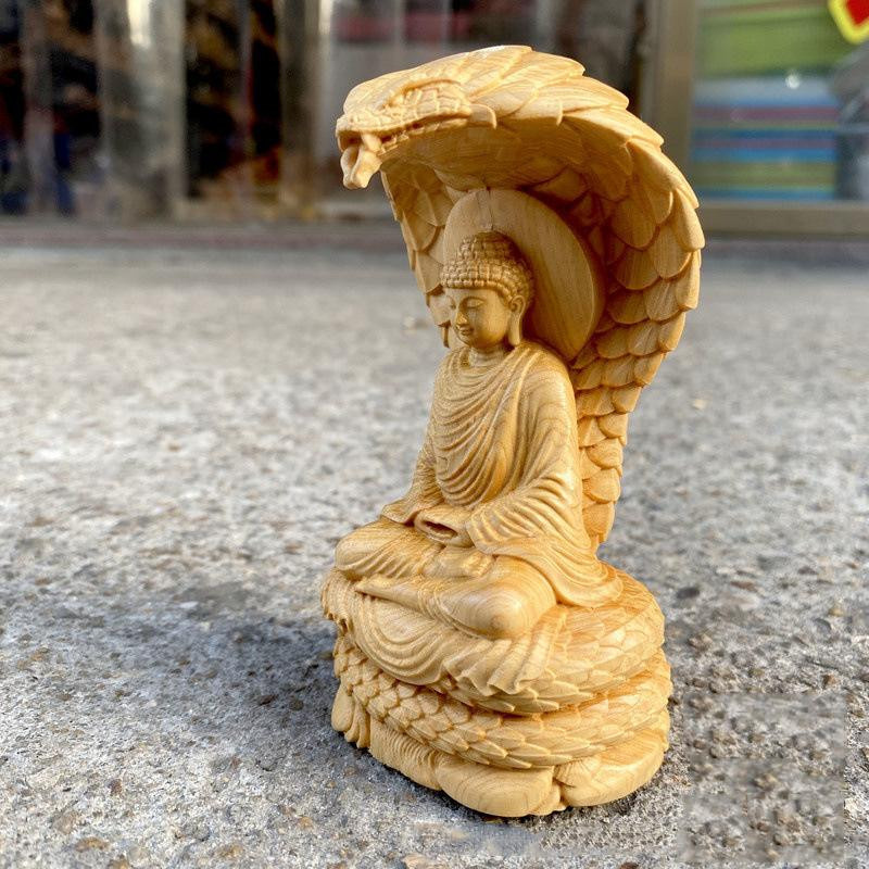 Yiran Furniture Buddha Figur Schlange beschützt aus Klippen-Zypressenholz, braun, Höhe: 12,0 cm - Bild 2