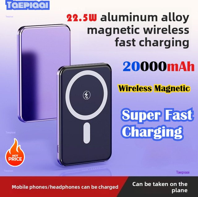 Taepiaai Magnetische Kabellose Powerbank 20000mAh Ultra-Dünn Tragbares MagSafe Ladegerät für iPhone in Grau - Bild 1