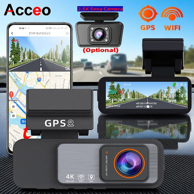ACCEO 4K Auto-Dashcam in Schwarz mit Nachtsicht, WLAN, optionalem GPS, 2.5K Rückkamera und 24H Parkvideoaufzeichnung - Bild 1