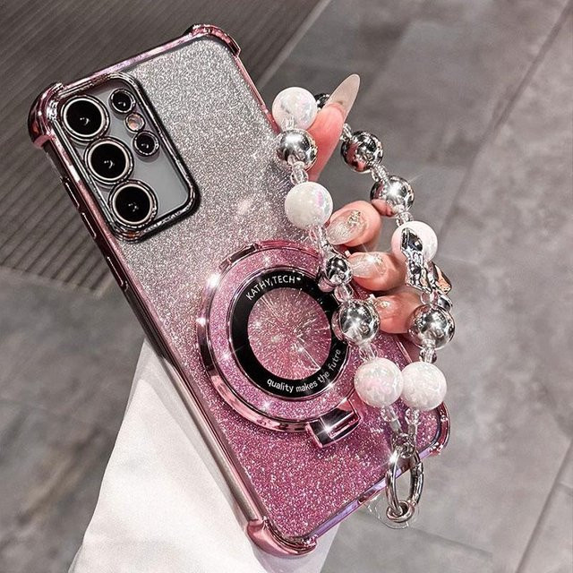 Stoßfeste Glitzer Handyhülle mit Ständer und Armband für Samsung Galaxy S26 S25 FE S24 Plus S23 S22 Ultra A56 A36 A26 A17 A57 A37 in Pink Transparent - Bild 1