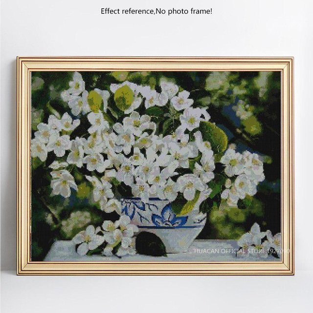 FIYO 5D DIY Diamantmalerei Set Blume im Topf, Mosaik Stickerei in Grau und Weiß, B: 20 cm, H: 30 cm - Bild 1