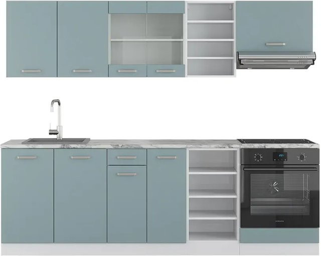 Vicco Küchenzeile R-Line Solid modern in Weiß und Blau mit Marmor Arbeitsplatte, Breite: 240 cm - Bild 2