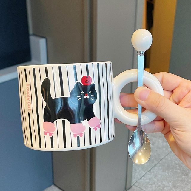 Yiran bag Keramiktasse mit niedlicher Katze in Pink und Weiß, Volumen: 350,5 ml - Bild 1