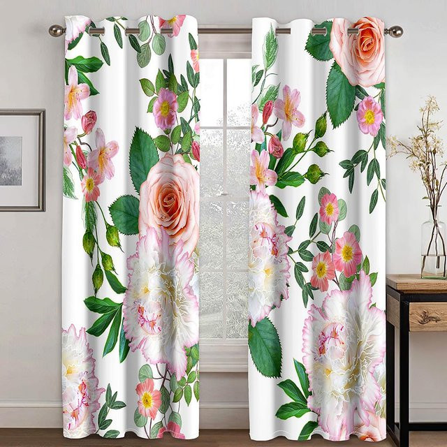 Blumenartiger Brokat Vorhang mit 3D Digitaldruck aus Polyester, Set aus 2 Paneelen, Mehrfarbig, Breite: 50 cm, Höhe: 130 cm - Bild 1