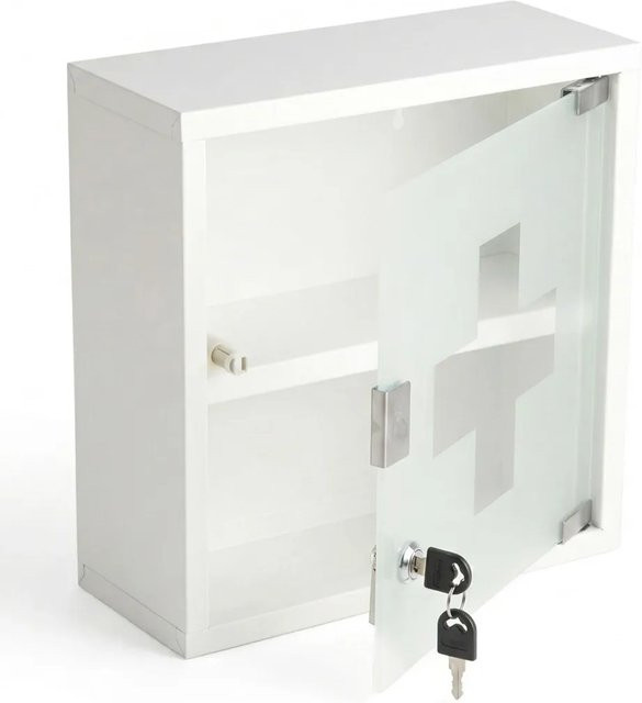Floordirekt Medizinschrank Weiß mit Glastür und Schloss, 2 Fächer, B/T/H: 30 x 30 x 12 cm - Bild 1