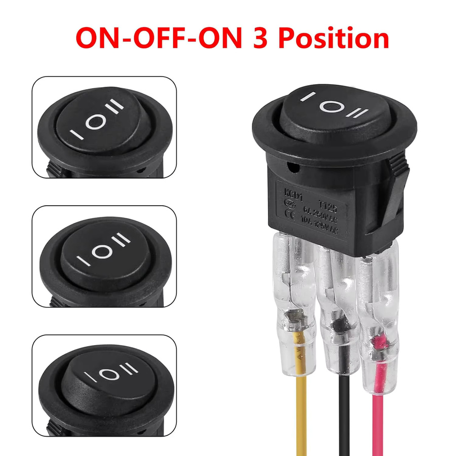 AOKIN 10er Set Wasserdichte 3-Wege-Rundwippschalter 12V Schwarz mit Kabeln, 3-Pin 3-Positionen EIN/AUS/EIN SPDT Kippschalter 6A/250V AC 10A/125V DC - Bild 2