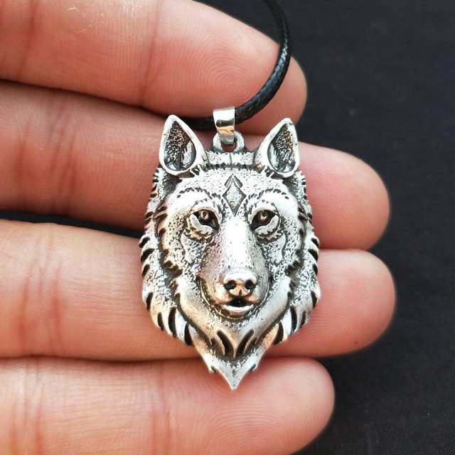 Wolfskopf Anhänger Halskette, Silber, Weiß, Unisex - Bild 1