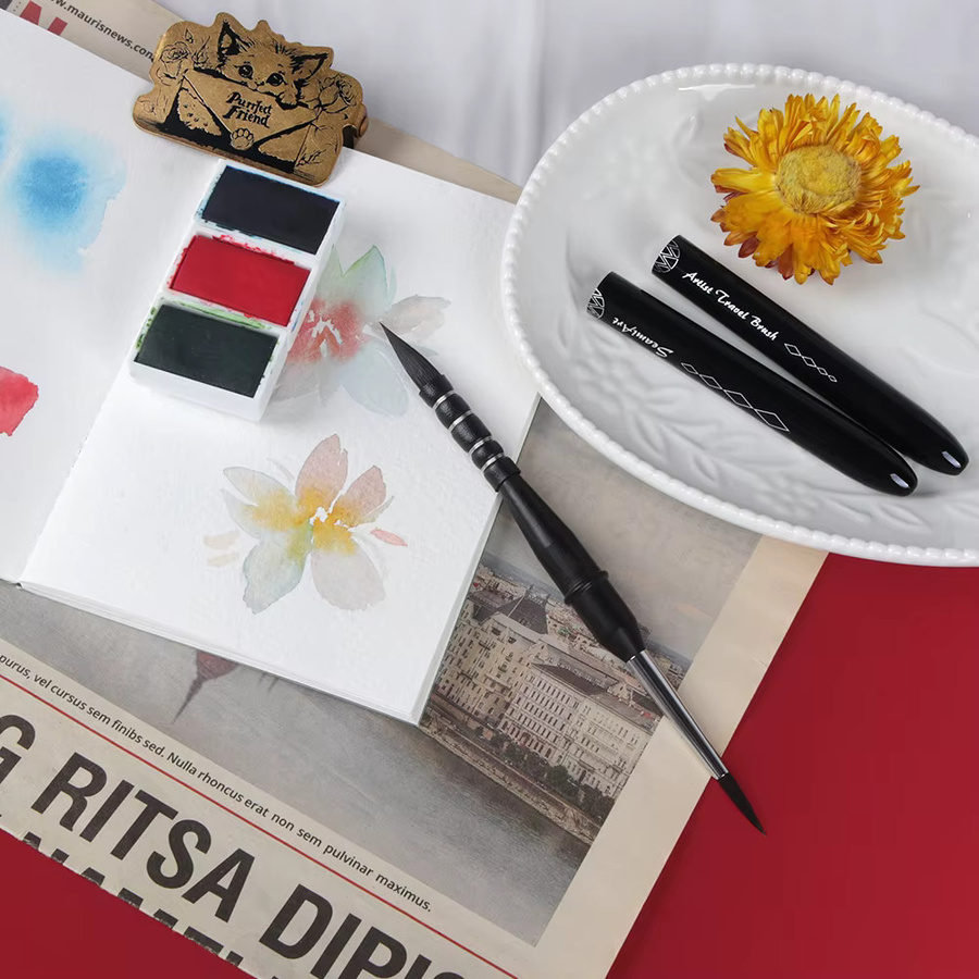 SeamiArt Künstler-Reisepinsel mit zwei Spitzen aus Eichhörnchenhaar für Aquarell und Kunstbedarf, Schwarz - Bild 3