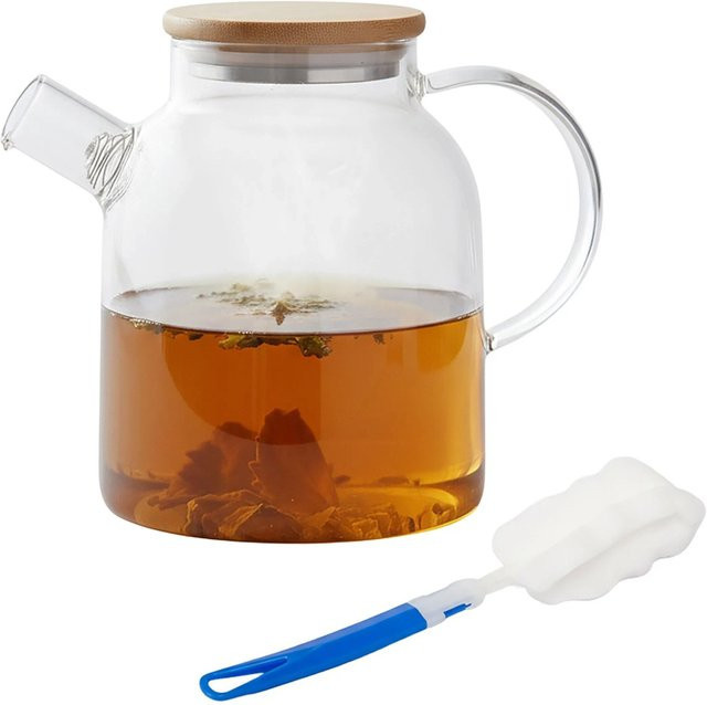 Relaxdays Teekanne aus Borosilikatglas mit Bambusdeckel und Sieb, Transparent, 1,8 l - Bild 1