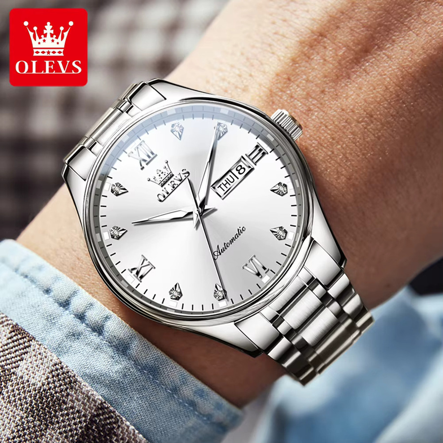 OLEVS Armbanduhr Automatik, Edelstahl, Silber, Diamant, Herren - Bild 4