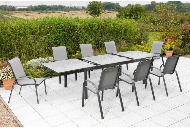 Merxx Amalfi Gartenmöbel Set in Grau bestehend aus 9-teiligem Set mit 8 Stapelsesseln und einem ausziehbaren Gartentisch mit Glasplatte B/T: 200 x 100 cm bis 300 x 100 cm - Bild 1