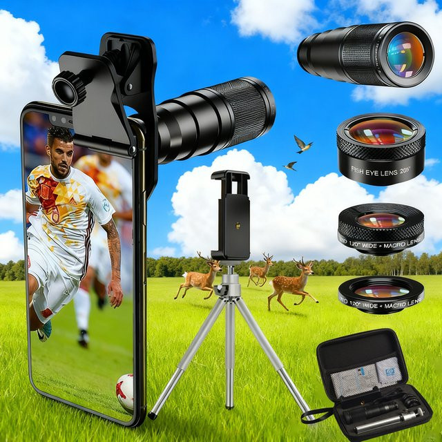 APEXEL Mini 22X Teleskop-Zoomobjektiv HD 4-in-1 Kameraobjektiv-Set mit Makro, Weitwinkel und Fisheye für iPhone und Samsung, Schwarz - Bild 1
