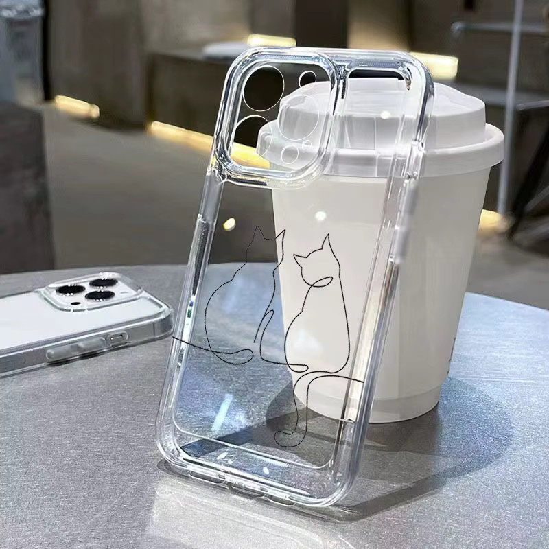 Süße Linie Katze Handyhülle für iPhone 11 bis 16 Pro Max und weitere Modelle, stoßfestes transparentes Softcover - Bild 2
