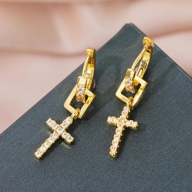 Ohrringe Kreuz Anhänger, Gold, Zirkonia, Damen - Bild 1
