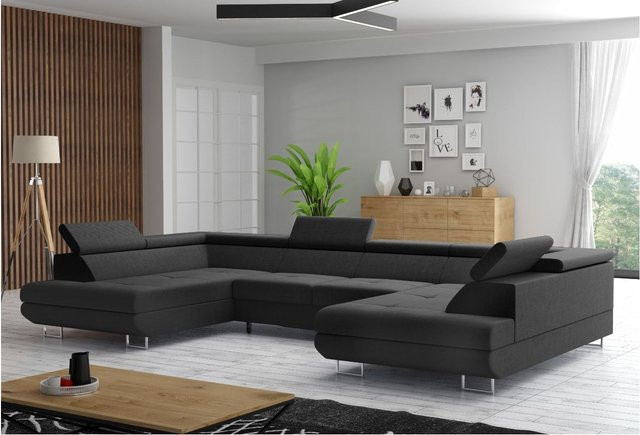 M-Punkt Wohnlandschaft in U-Form als Schlafsofa mit Bettfunktion, Bettkasten und Kopfteilverstellung in Schwarz aus Webstoff - Bild 1