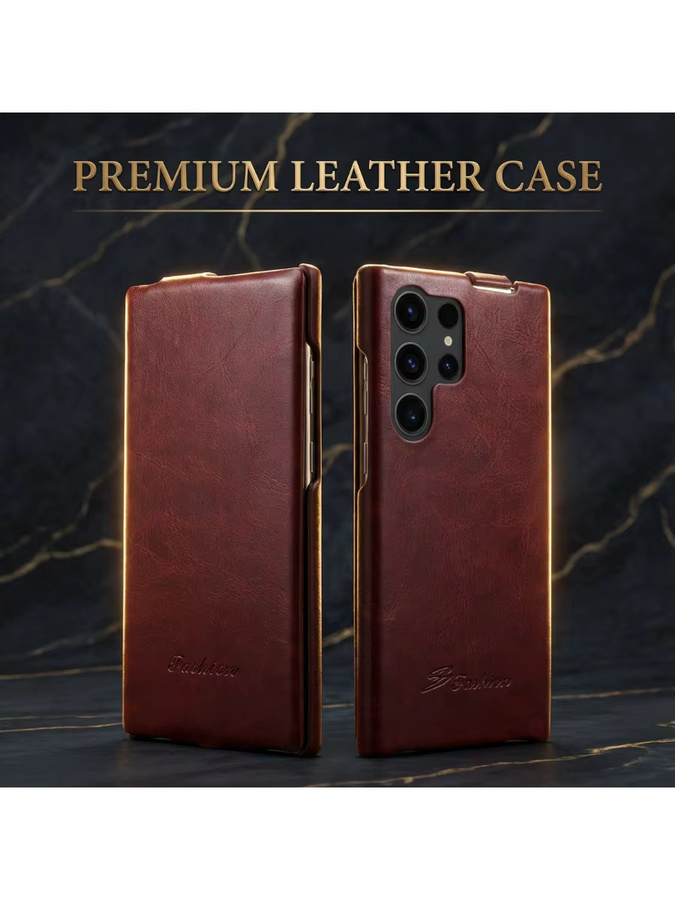 Vertikale Flip Ledertasche für Samsung Galaxy S26 S25 S24 S23 Ultra Plus in Schwarz oder Braun mit matter Hard Shell im Vintage-Design - Bild 3