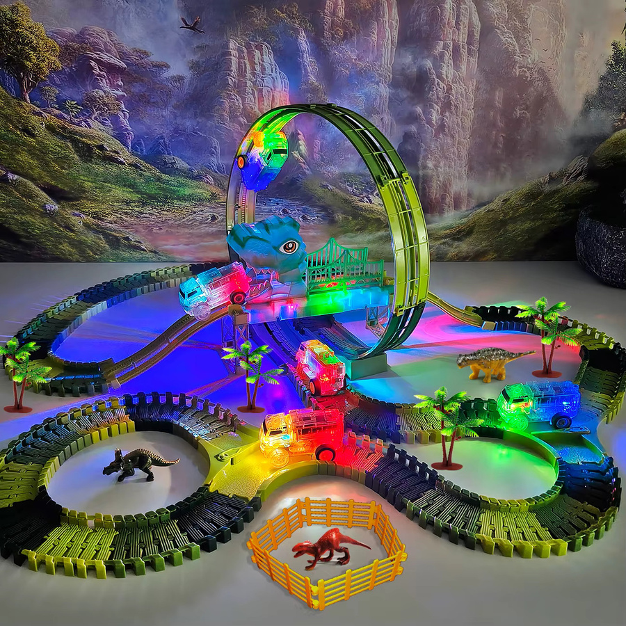 TONERJU Dinosaurier Spielzeugset mit motorisierten LED-Autos und leuchtenden flexiblen Zugschienen in Mehrfarbig - Bild 2