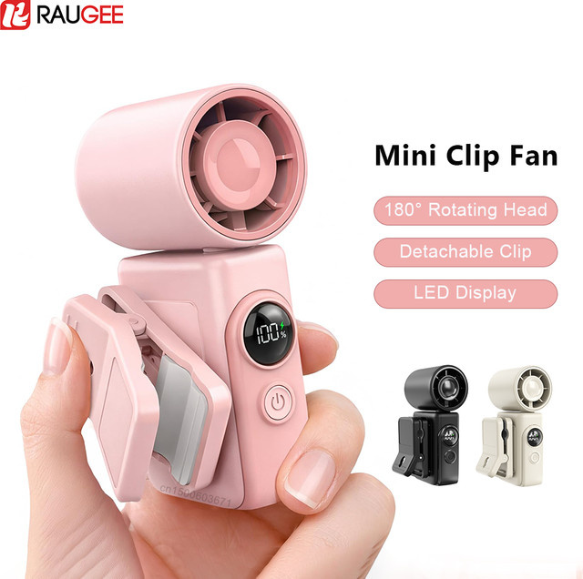Tragbarer Mini-Clip-Ventilator von raugee mit digitalem Display, wiederaufladbar via USB, rotierbar, in Weiß oder Pink - Bild 1