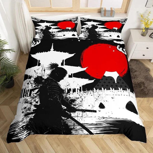 Japanisches Samurai Bettwäscheset mit Kirschblüten, Roter Sonne und Fuji Berg, Doppelgröße, Rot/Schwarz, B/H: 172 x 218 cm - Bild 1