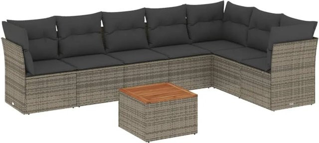 vidaXL 8-teilige Garten-Sofagarnitur in Grau aus Poly-Rattan mit Sitzkissen und Tisch - Bild 1