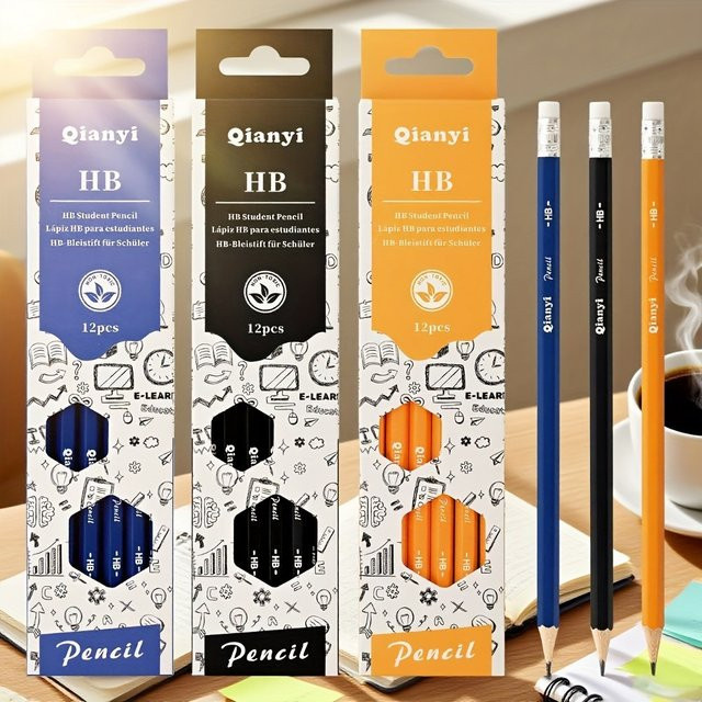 12er Set Hexagon HB Bleistifte mit Radiergummis in 3 Farben für Schule und Büro - Bild 1