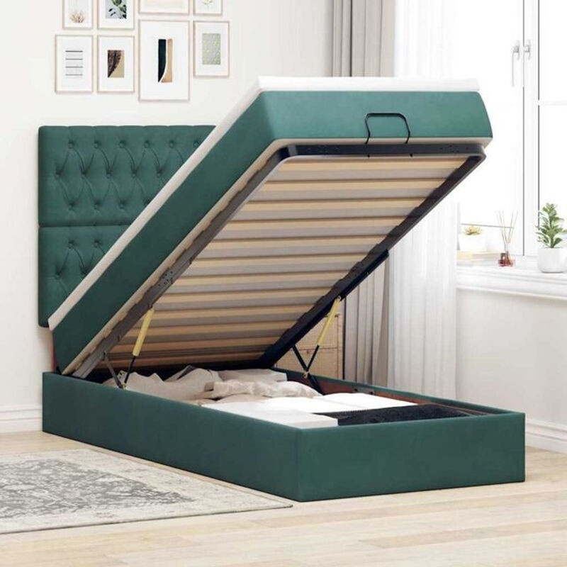 vidaxl Ottoman Polsterbett mit Matratze und LED in Dunkelgrün aus Samt, B/T/H: 80 x 200 x 128 cm - Bild 1