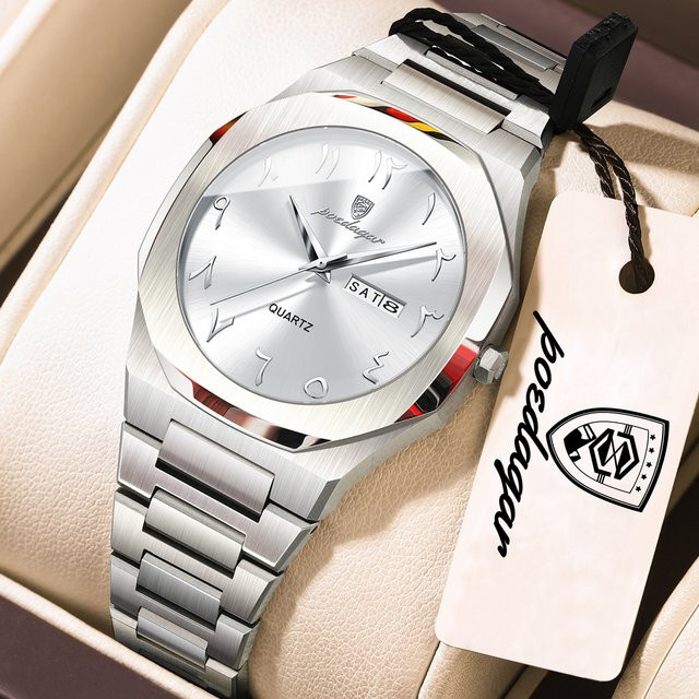 POEDAGAR Armbanduhr Edelstahl, Quarz, Silber, Damen, Wochentagsanzeige - Bild 1