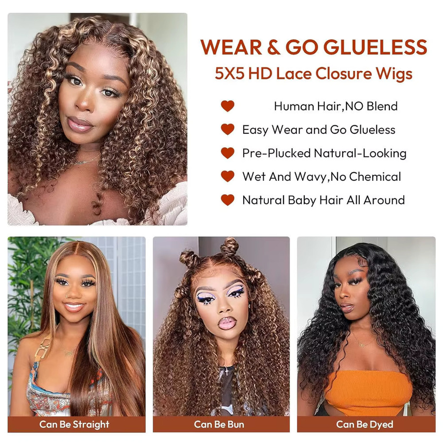 LETMIEO Wear & Go Glueless 5x5 HD Lace Closure Echthaarperücke, Deep Wave, P4/27 Honigblond Ombre Highlight - Bild 3