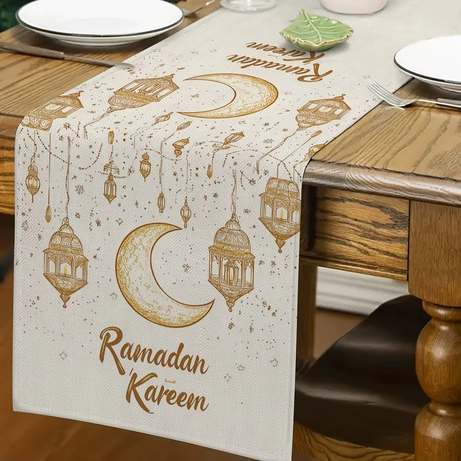 VIKAMA Ramadan Tischläufer mit Goldstern- und Mondmuster aus Leinen, Orientalisches Design, Breite: 33 cm, Länge: 90 cm - Bild 4