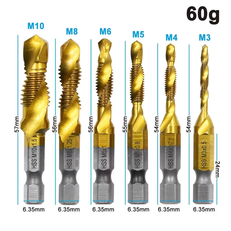 YUKU 6er Set Titanbeschichtete HSS Gewindebohrer aus Schnellarbeitsstahl in Gold - Bild 2