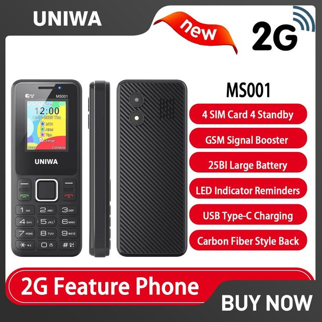 UNIWA MS001 2G-Handy mit 1,77 Zoll Display, 4 SIM-Karten und 4-fach Standby in Schwarz mit Carbonfaser-Stil und Typ-C-Ladung - Bild 1
