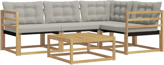 vidaXL Outdoor-Sofagarnitur 5-teilig in L-Form mit Polstern und Couchtisch, Weiß und Grau, aus Akazienholz und Textilene, B/T/H: 79 x 79 x 37 cm - Bild 1